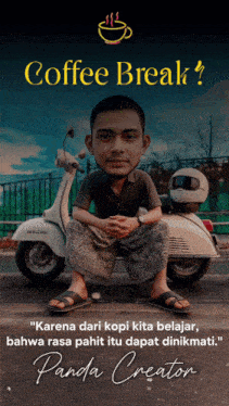a poster with a man sitting on a scooter with the words coffee break written above him