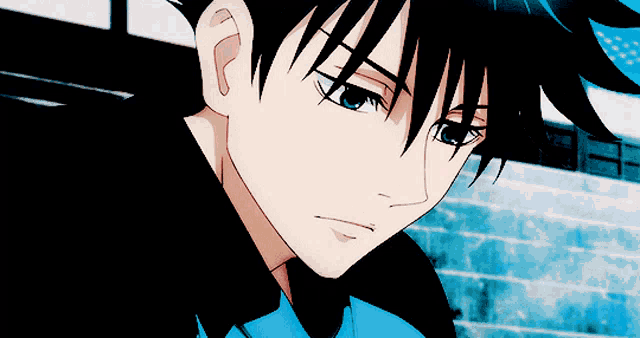 a close up of a black haired anime character with blue eyes