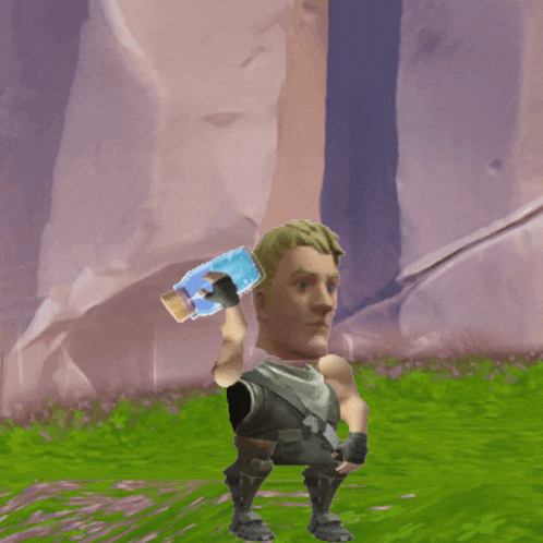 a cartoon character is standing in the grass holding a bottle of water