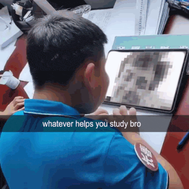 a man in a blue shirt is looking at a tablet screen with whatever helps you study bro written on the bottom
