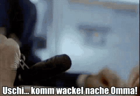 a blurred image of a person holding a microphone with the words " uschi komm wackel nache omma " below them