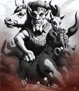 a black and white drawing of a monster with four horns
