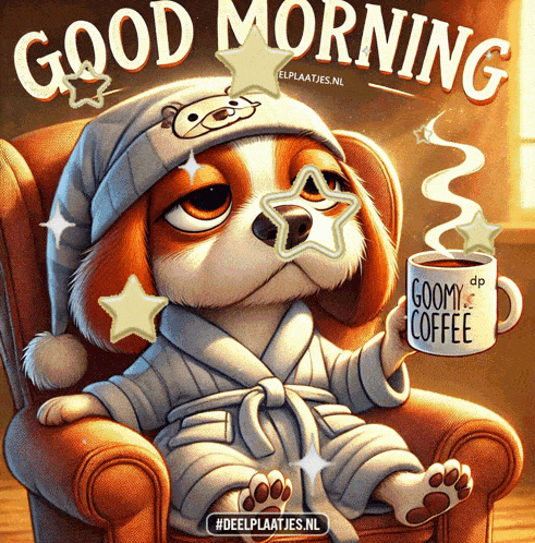 a dog in a robe is sitting in a chair holding a cup of coffee