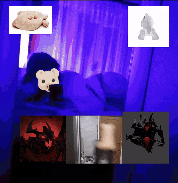 a collage of images including a chicken and a bear with a purple background