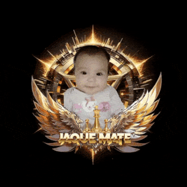 a baby is surrounded by gold wings and the word jaque mate