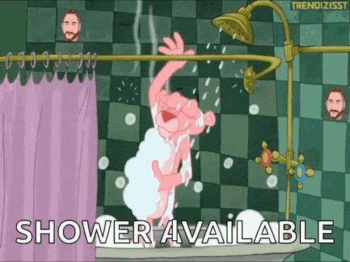 a cartoon of a pink panther taking a shower in a bathroom with the words `` shower available '' .