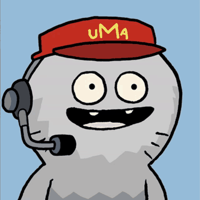 a cartoon character wearing a red hat with the word uma on it