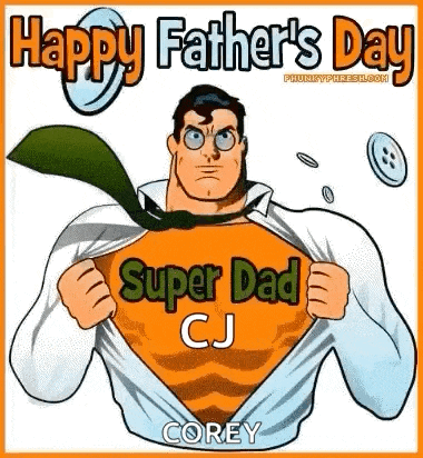 a happy father 's day greeting card with a cartoon of a man in a superman costume .