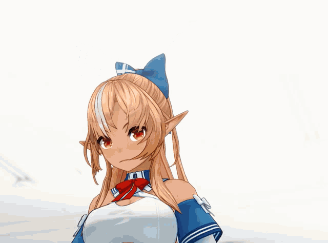 a blonde anime girl with a blue bow on her head