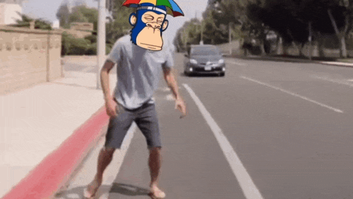 a man wearing a monkey mask is walking down a street .