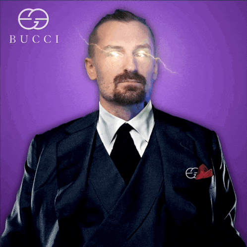 a man in a suit and tie stands in front of a purple background that says bucci on it