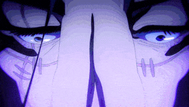 a close up of a person 's face with a purple light behind them