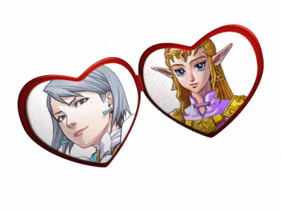 a couple of hearts with a picture of zelda and a picture of a woman