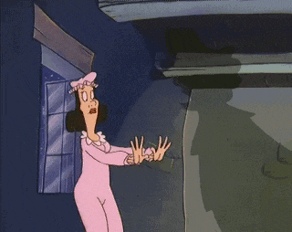 a cartoon of a woman in a pink dress looking out a window .