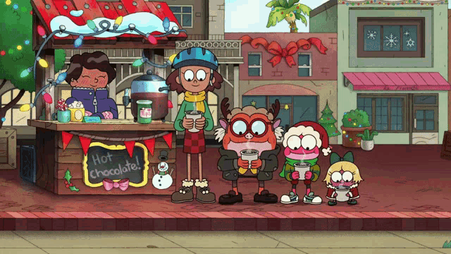 a group of cartoon characters drinking hot chocolate in front of a hot chocolate stand