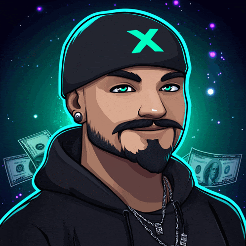 a man with a beard wearing a black hoodie and a green hat with the letter x on it