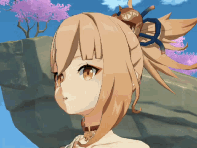 a close up of a girl 's face with a sword in her hair