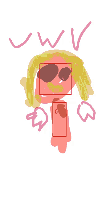 a drawing of a girl with a red square in front of her