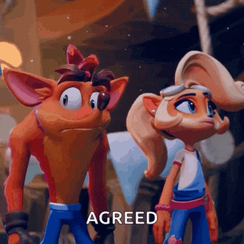 a couple of cartoon characters standing next to each other with the word agreed in the corner