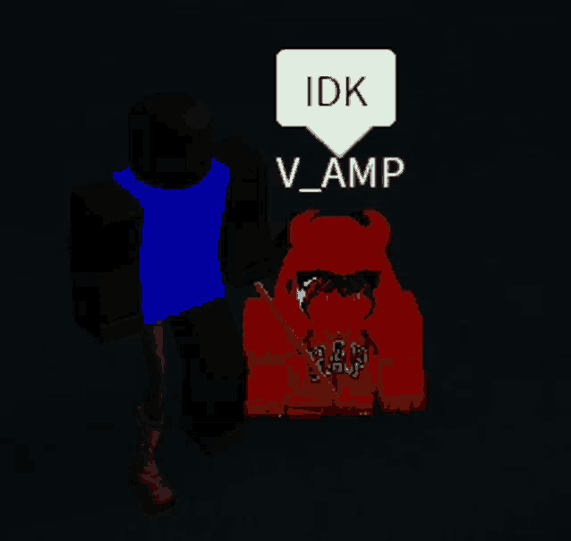a person in a blue shirt is standing next to a person in a red hoodie that says gap