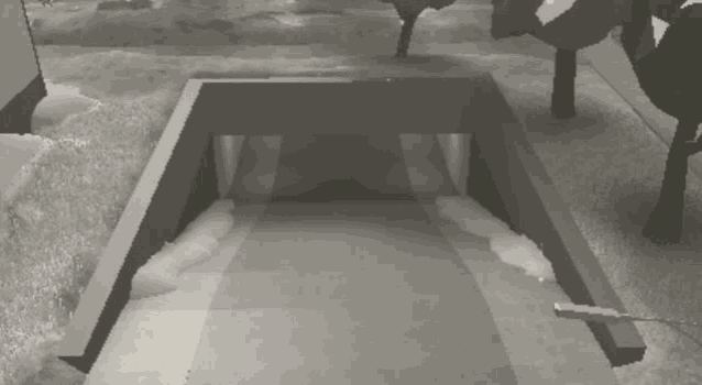 a black and white drawing of a tunnel with trees and grass in the background