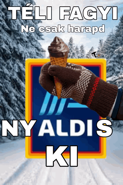 a person is holding an ice cream cone in front of an aldi logo