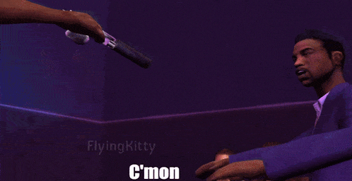 a man in a video game says i 'm while another man holds a gun