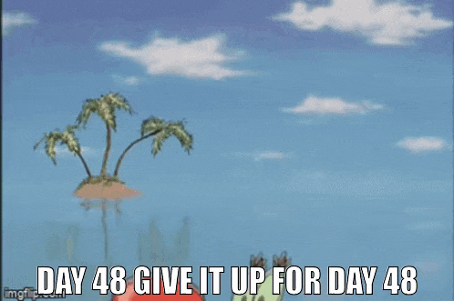 a cartoon of a crab holding a bell and saying `` day 48 give it up for day 48 ''