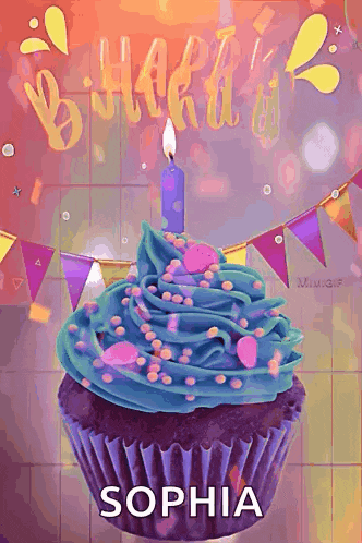 a cupcake with blue frosting and a candle with the name sophia written on it