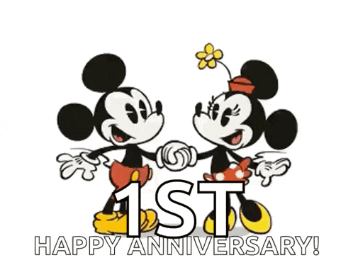a cartoon of mickey mouse and minnie mouse holding hands with the words happy anniversary .