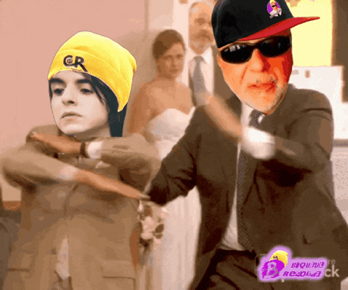a man in a suit and tie is holding a bat next to a boy wearing a yellow hat with cr on it