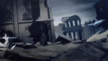 a person is holding a sword in front of a building that is destroyed .