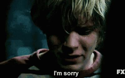 a man is crying and saying `` i 'm sorry '' in a close up of his face .