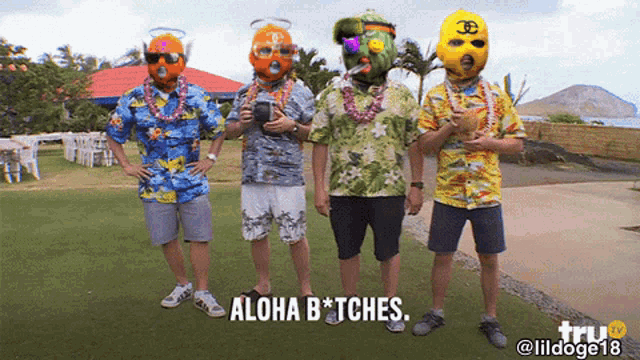 a group of men wearing hawaiian shirts and masks with the words aloha bitches on the bottom