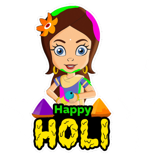 a cartoon girl with a flower in her hair and the words happy holi behind her