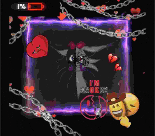 a broken heart is surrounded by chains and hearts and a cowboy emoji .