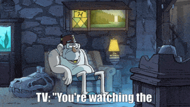 a cartoon of a man sitting in a chair with the words tv " you 're watching the " above him