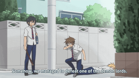 somehow we managed to defeat one of the demon lords is written on a cartoon