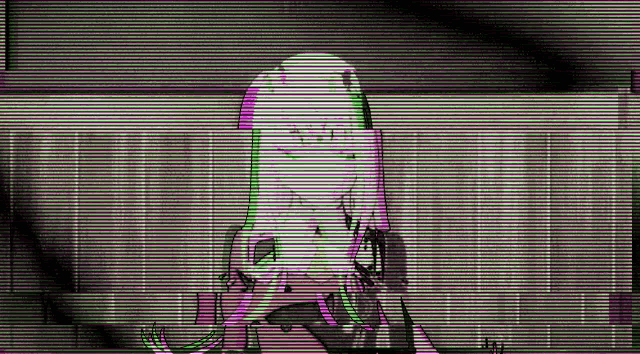 a purple and green striped background with a cartoon character