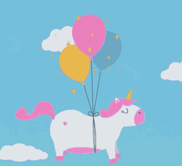 a unicorn is flying through the air while holding balloons .