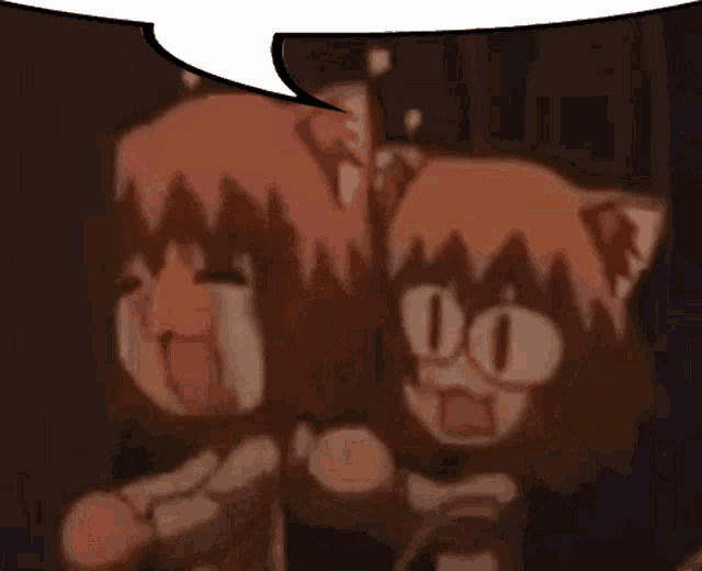 a couple of cartoon characters with a speech bubble between them