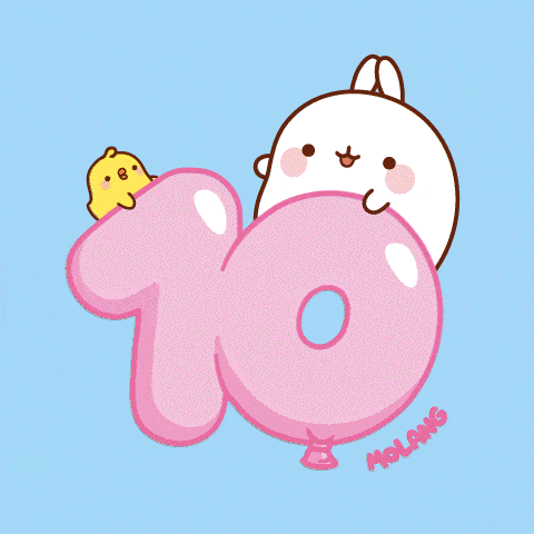 a pink number 10 balloon with a bunny and a chick on it