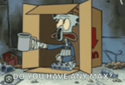 squidward from spongebob squarepants is sitting in a cardboard box and holding a cup of coffee .