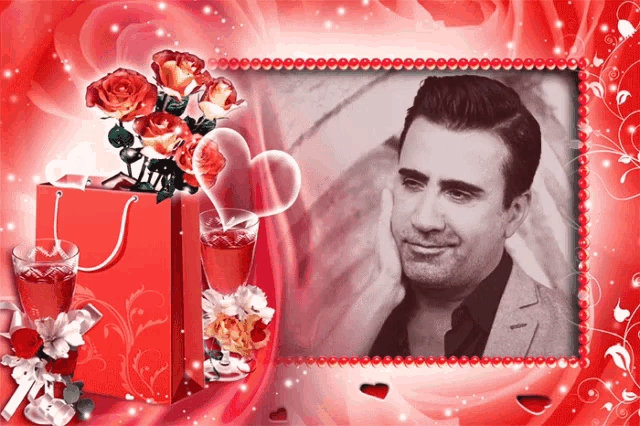 a picture of a man in a suit is surrounded by roses and hearts