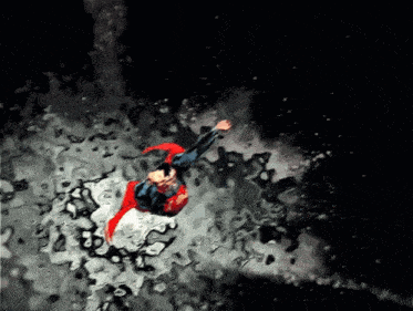 a painting of superman in a red cape flying through the air