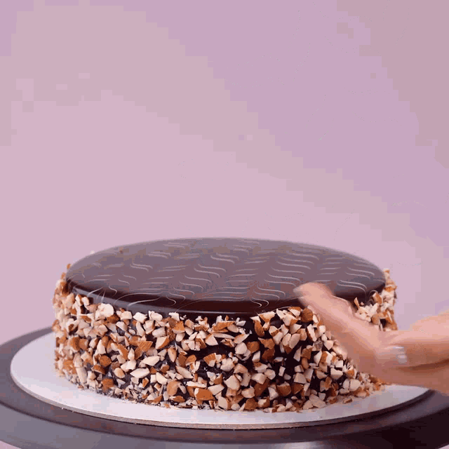 a chocolate cake with a white pattern on it