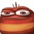 a close up of a cartoon character with big eyes making a funny face on a white background .