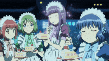 a group of anime maids are holding trays of desserts