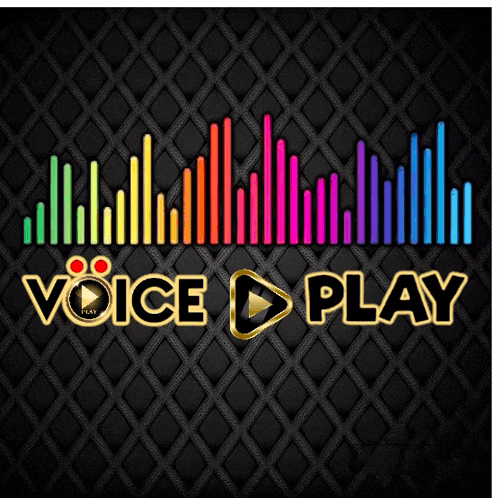 a voice play logo with a rainbow colored sound wave