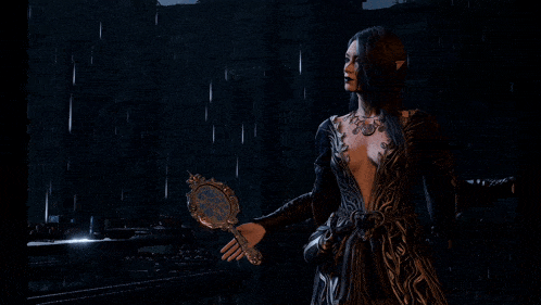 a woman in a black dress stands in the rain in front of a stained glass window